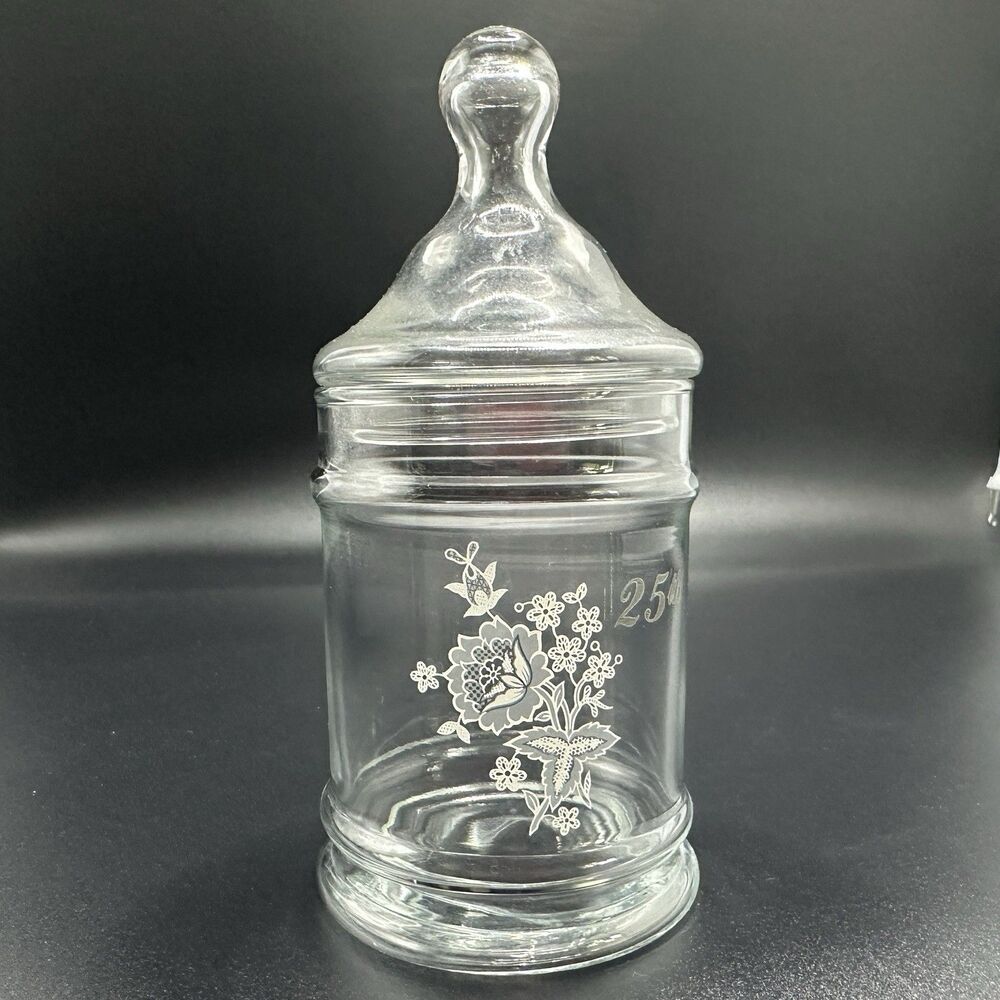 Vintage Glass Apothecary Jar 25th Anniversary Floral Silver Wedding Decor